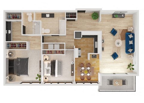 Floor plan for 2 beds, 2 baths, 1300 sqft